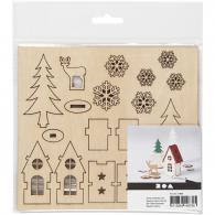 CC DIY Holzfiguren Haus Bäume Hirsch L: 15,5cm B: 17cm - #590906