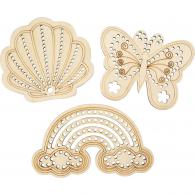 CC Holzformen mit Löchern: Regenbogen, Muschel und Schmetterling, 7,5 x 13 cm, 6er-Pack - #603003
